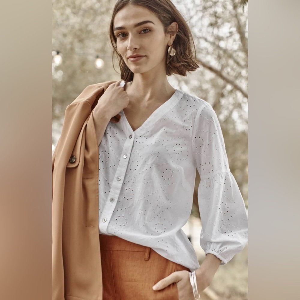 J. Jill | White Eyelet V Neck Button Front Blouse Large Boho Prairie